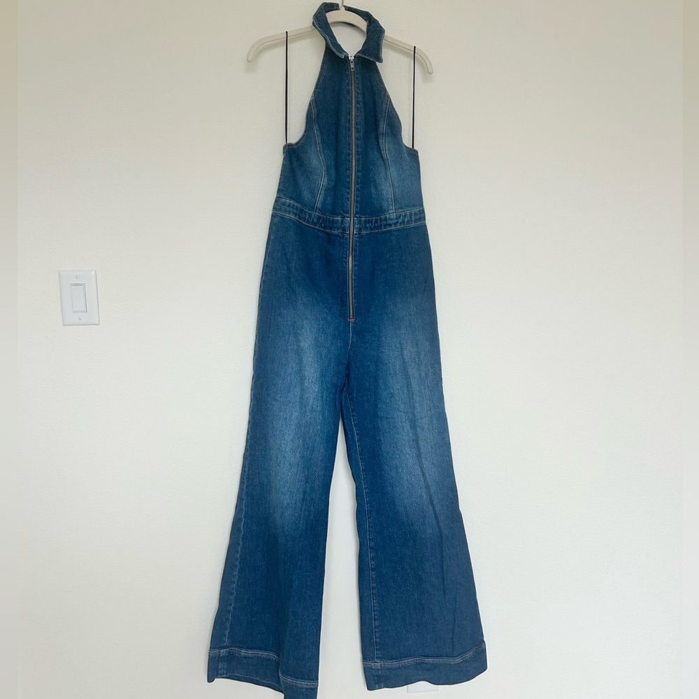 Alice + Olivia Denim Front Zip Halter Neck Jumpsuit